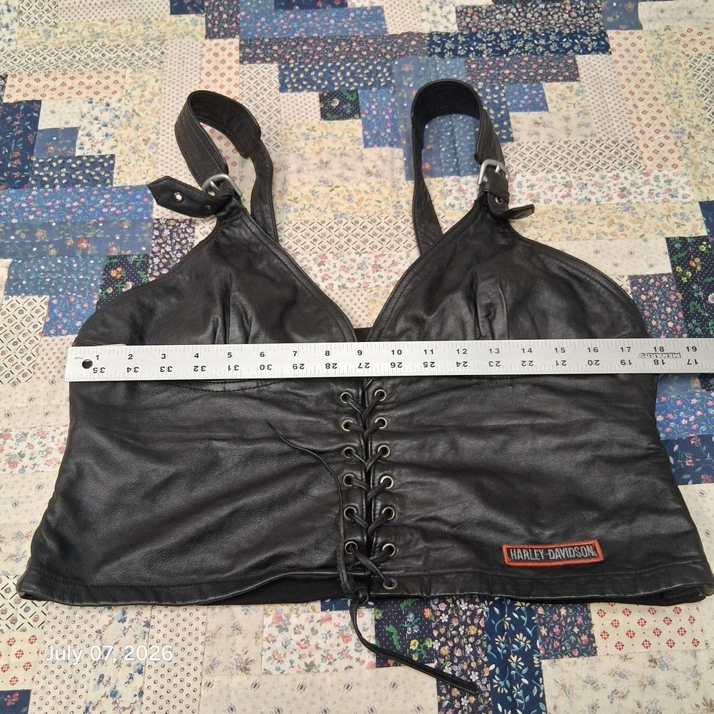 Harley Davidson Leather Bustier Top Womens Sz 44 / 16 W Black Padded Lace Front